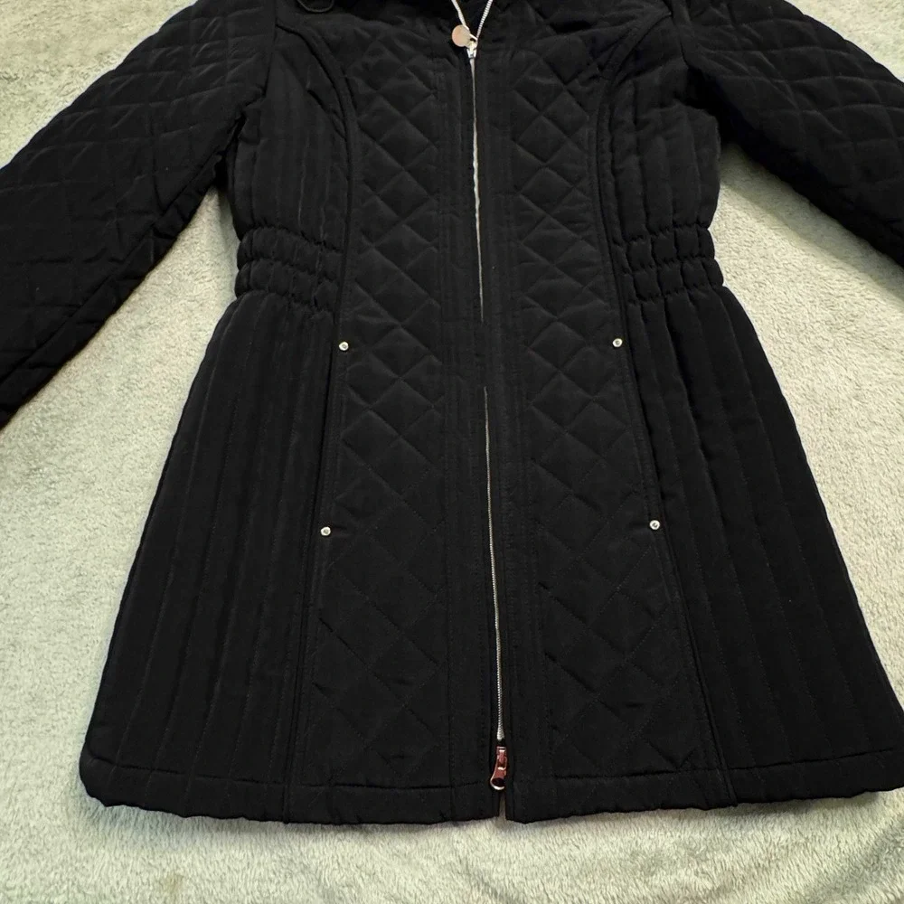 Laundry by Design Black Quilted Hooded Parka Jacket Women's Size Small‎ Full Zip